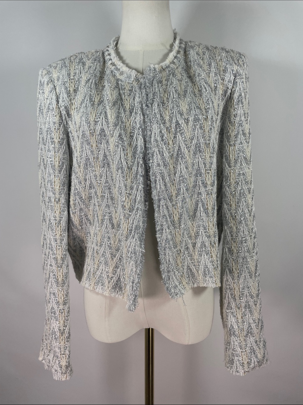 IRO Paris Makilo Grey Silver Metallic Tweed Chevron Cropped Jacket Blazer 44 XL